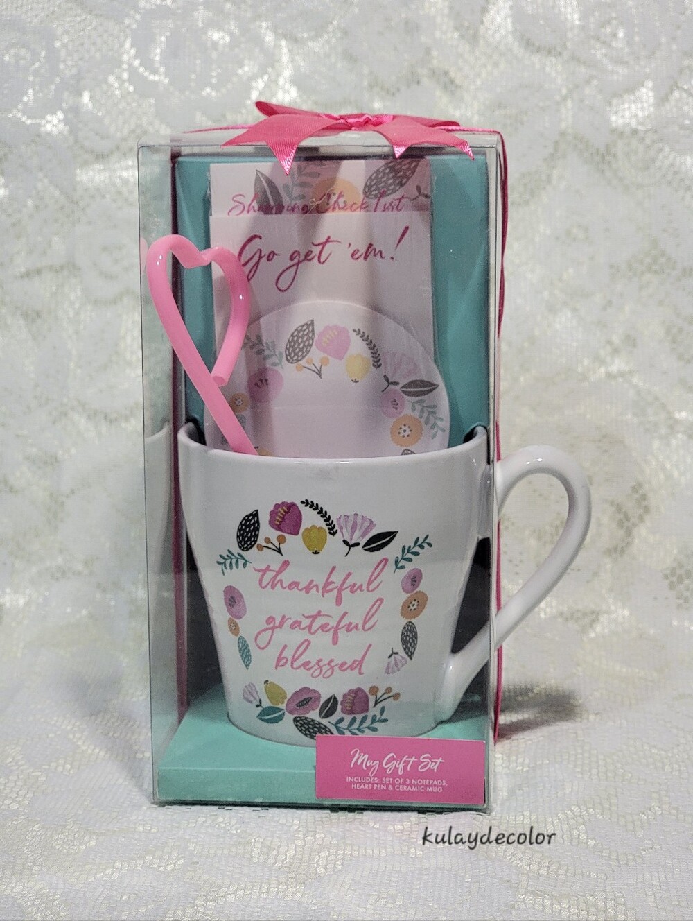 Thankful Grateful Blessed Ceramic Mug Gift Set - includes; 3 Notepads Heart Pen